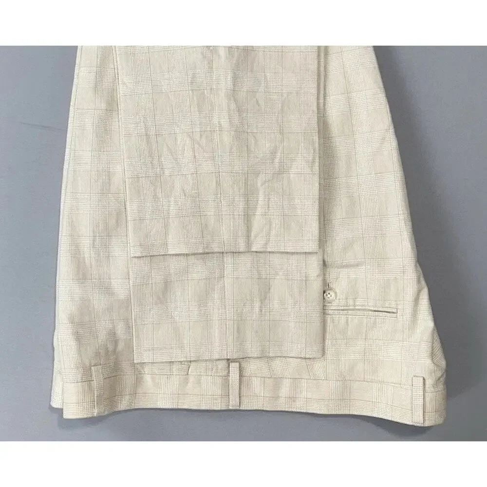 J Crew Ludlow Flat Front Baird McNutt Irish Linen Blend Pants. Ivory Plaid 35X30
